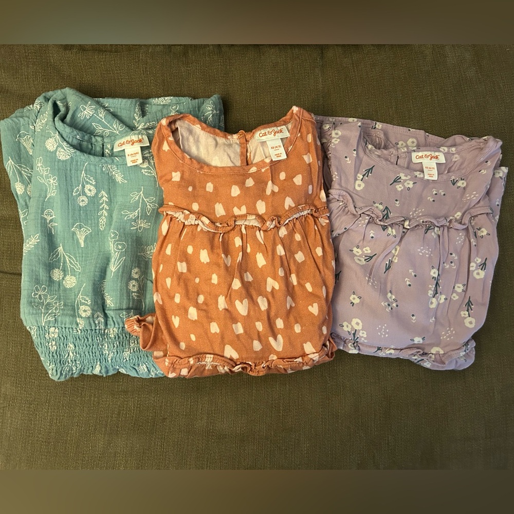 Cat & Jack Girl Dress Trio - 1 Size S (6/6X) and 2 XS (4/5) Blue, Orange, Purple
